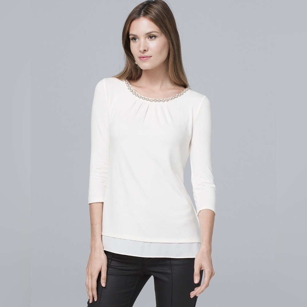 3/$30 NWT White House Black Market Jewel Neck Tie Back Cream Blouse Size Small